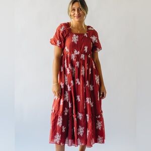 The Bonney Embroidered Bubble Sleeve Maxi Dress in Rust- Piper & Scoot- Polagram